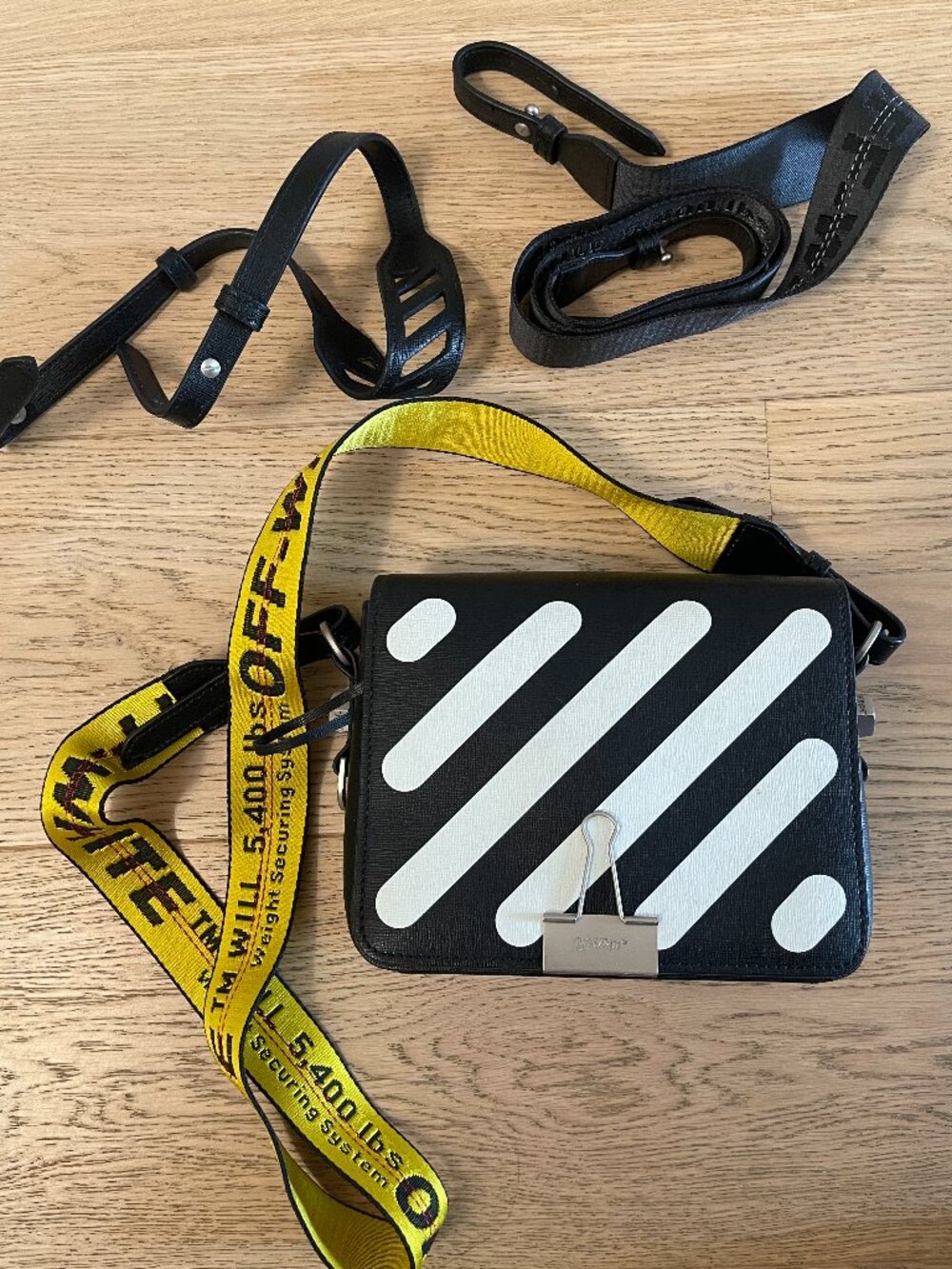 Off White Binder Clip Flap Bag Striped Leather Small